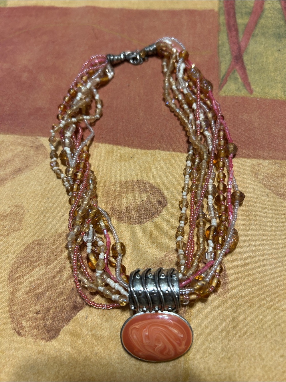 Multi-Strand Pink and Amber Beaded Necklace with Coral Pendant